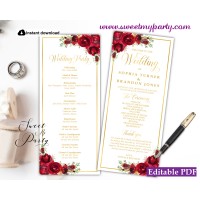 Red Roses Wedding Program template tea length, (016w)